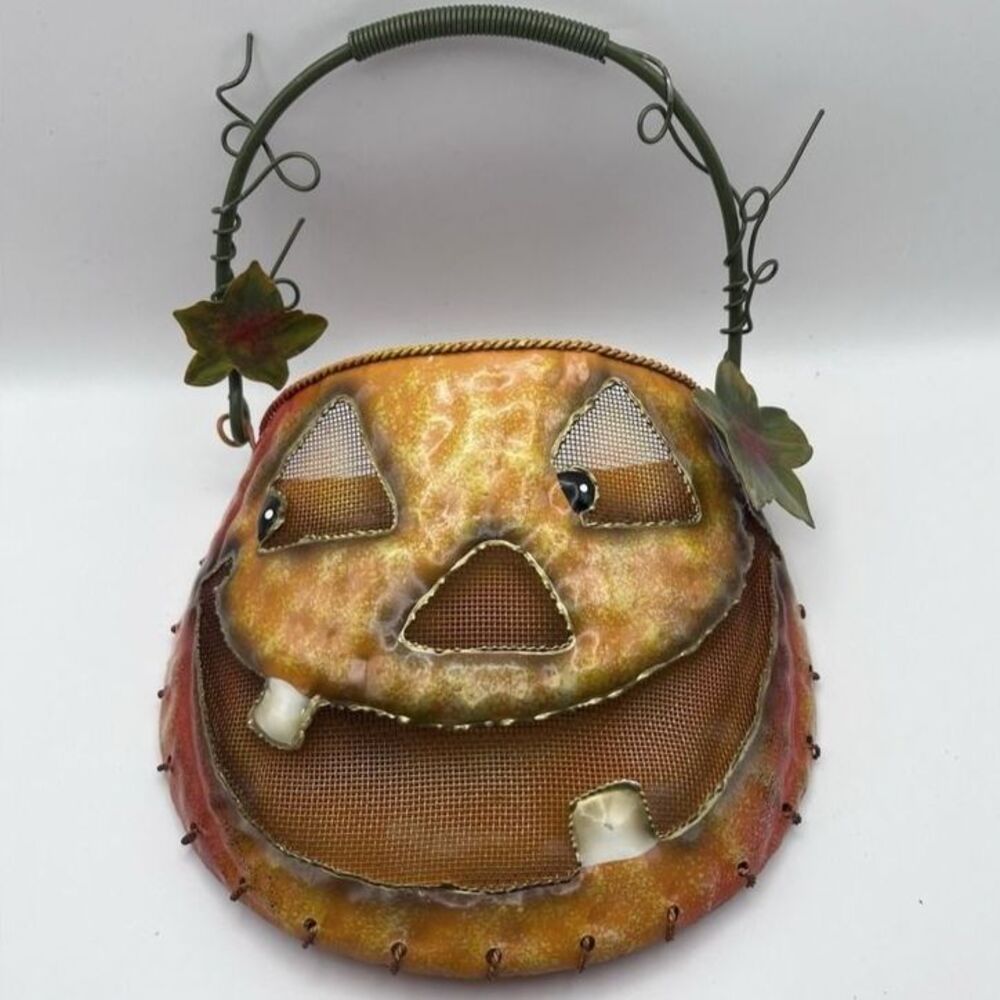 Vintage Metal Jack O Lantern Wall Pocket Halloween Tin Pumpkin Planter Decor